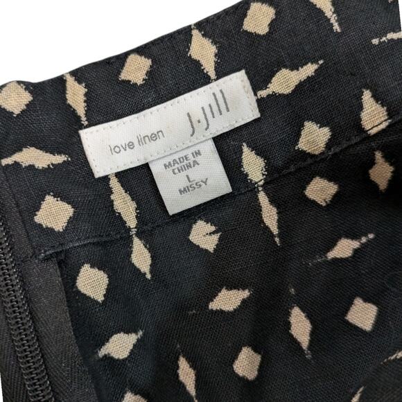 J. Jill 100% Linen Midi Dress Womens Large Black Tan Abstract Geometric Cap Slee - Picture 8 of 10